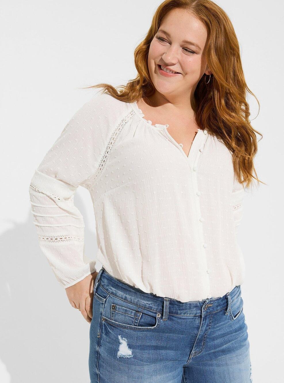 Torrid Swiss Dot Washable Gauze Lace Inset Top, Cloud Dancer, 2X, NWT